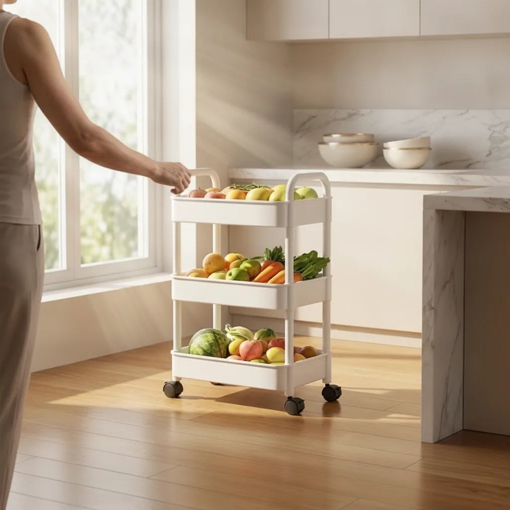 Chariot organiseur mobile avec roulettes 360° et plusieurs niveaux