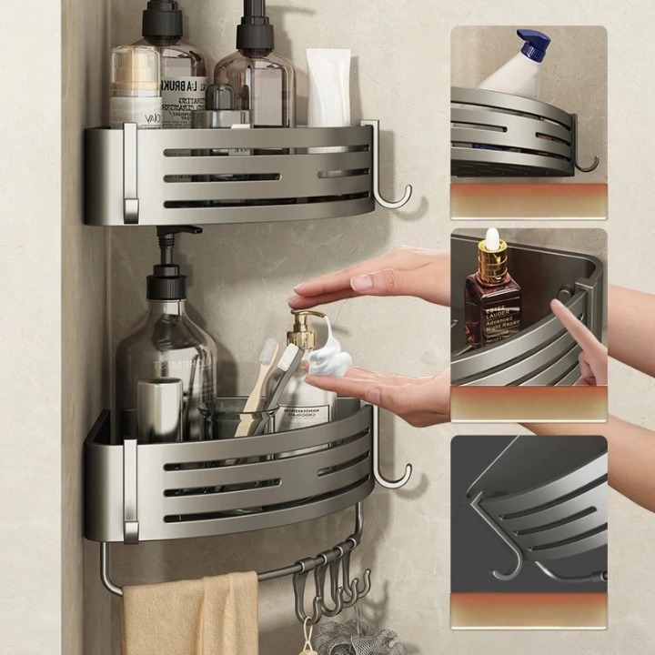 Étagère de douche d'angle sans perçage – Set de 2 étagères d'angle en aluminium réglables