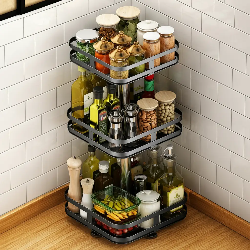 Étagère à épices rotative en métal – 3 niveaux pour la cuisine