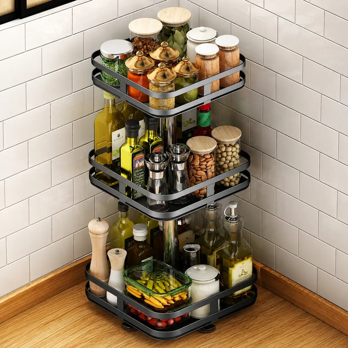 Étagère à épices rotative en métal – 3 niveaux pour la cuisine