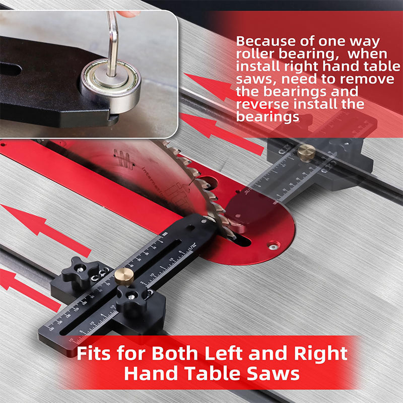 Guide de coupe fine pour scies de table avec roulement à rouleaux pour des coupes précises