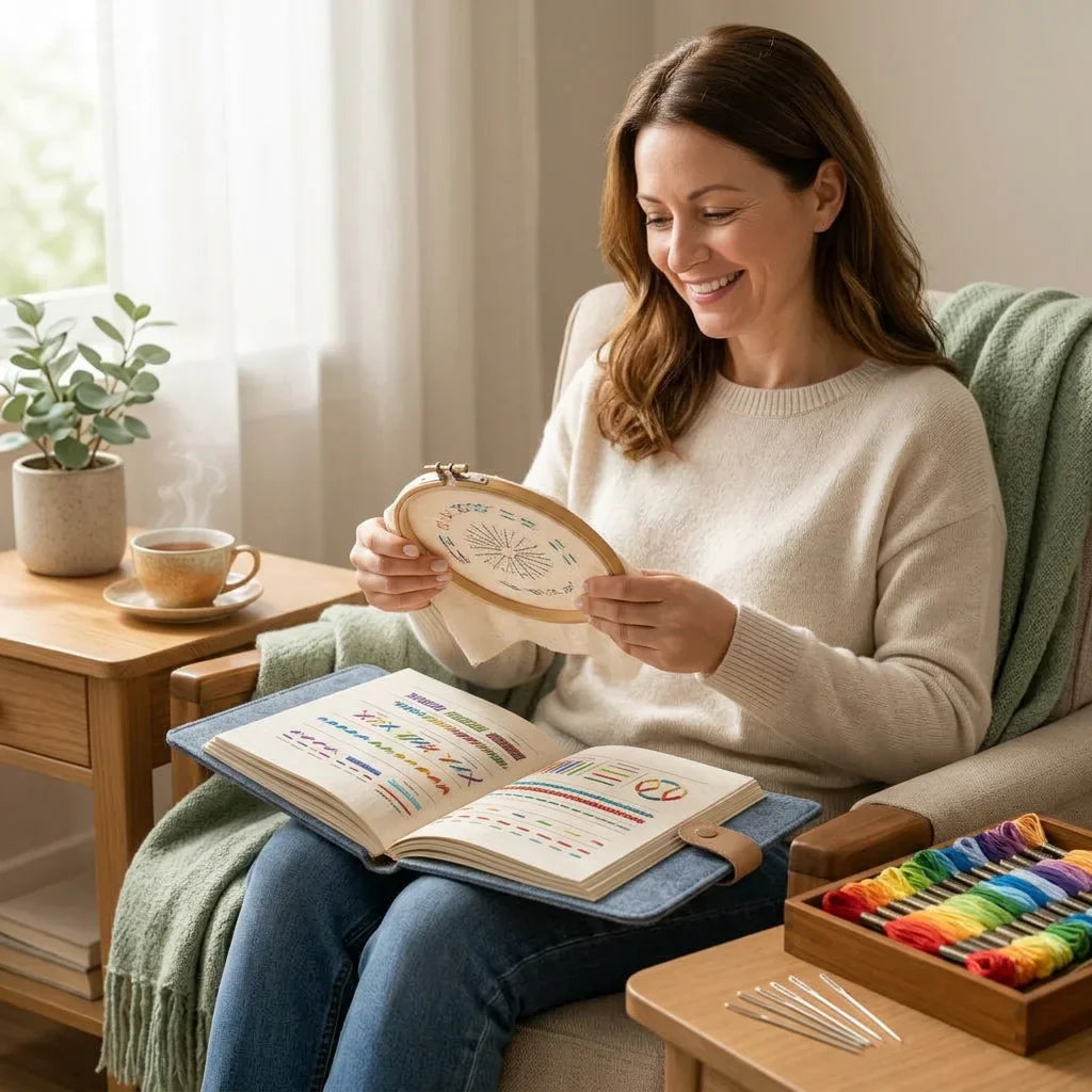 Kit d'apprentissage broderie complet avec 106 points et cadre bambou