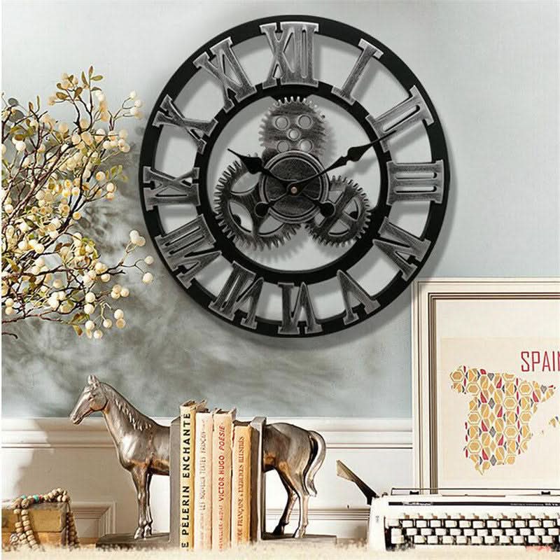 Horloge murale industrielle rétro avec design à engrenages en bois MDF