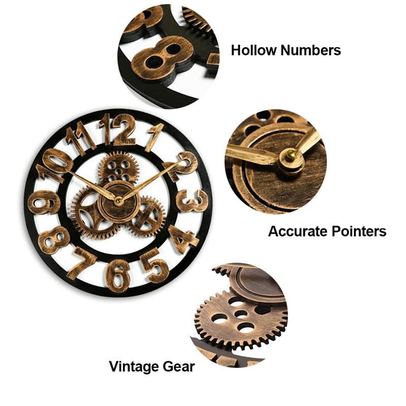 Horloge murale industrielle rétro avec design à engrenages en bois MDF